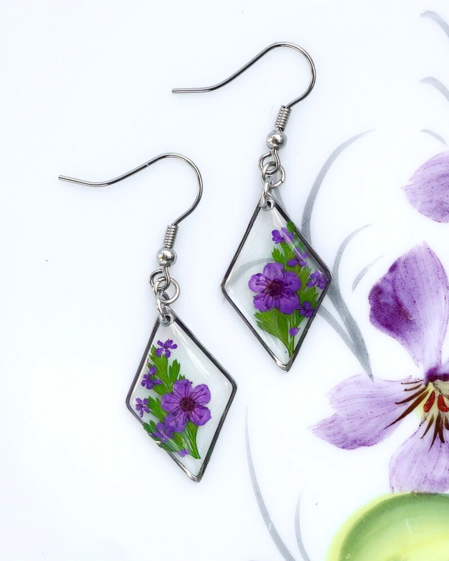 Purple Flower Fern Diamond Dangle Earring