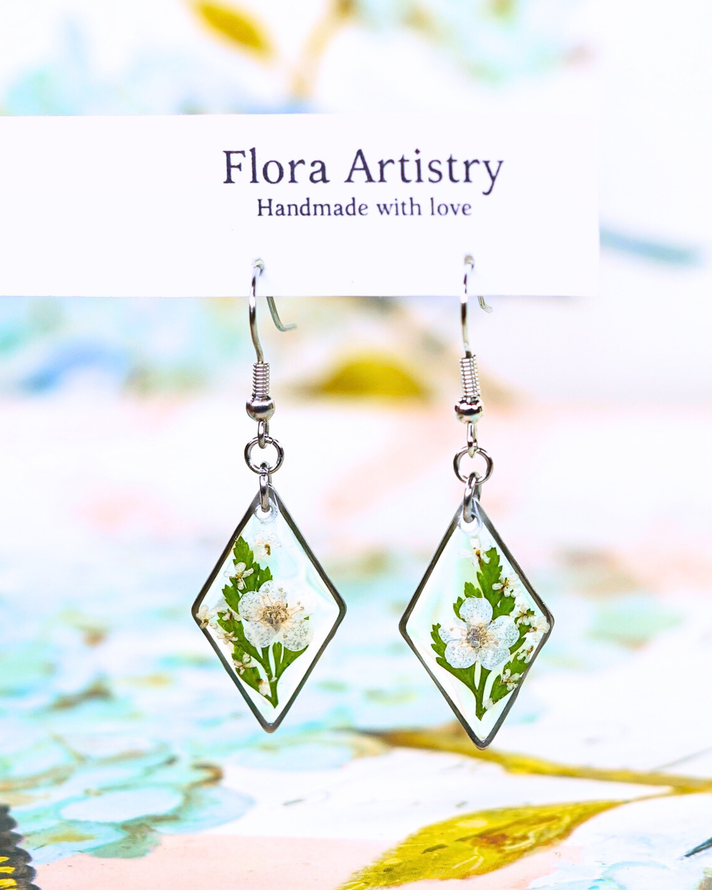 White Flower Fern Diamond Dangle Earring