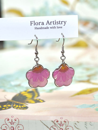 Pink Zennia Wildflower Heart Earrings
