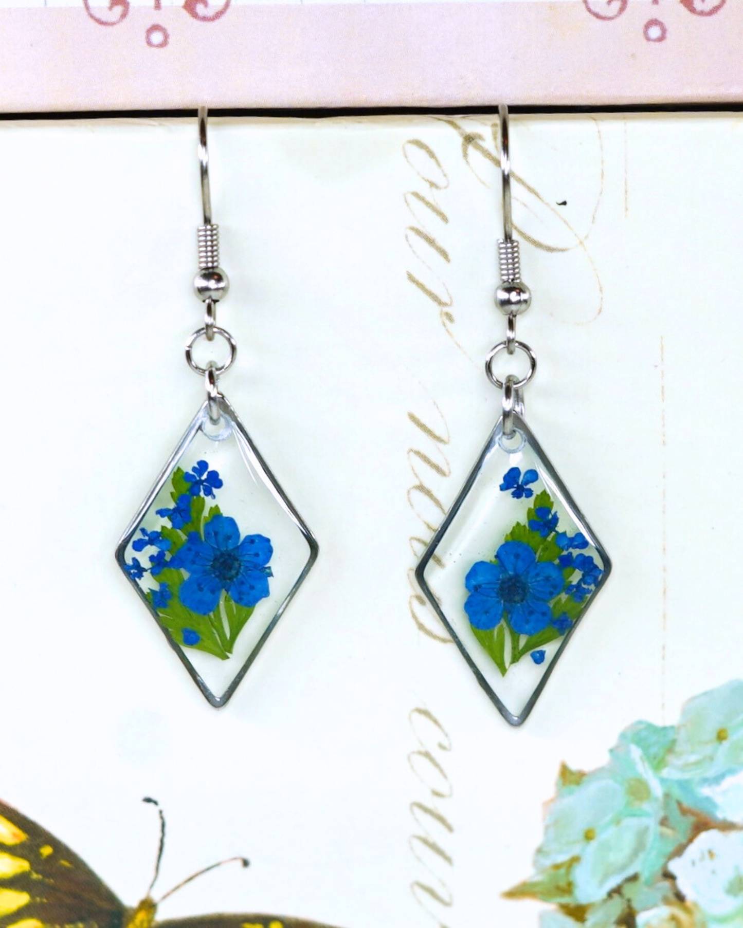 Blue Flower Fern Diamond Dangle Earring