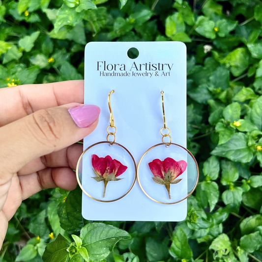 Red Rose Flower Gold Circle Dangle Earring