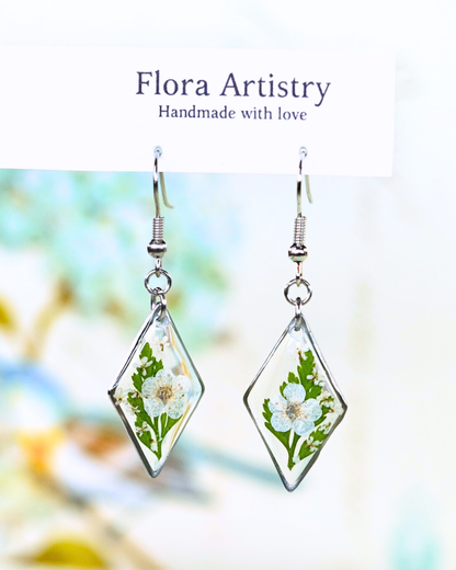 White Flower Fern Diamond Dangle Earring