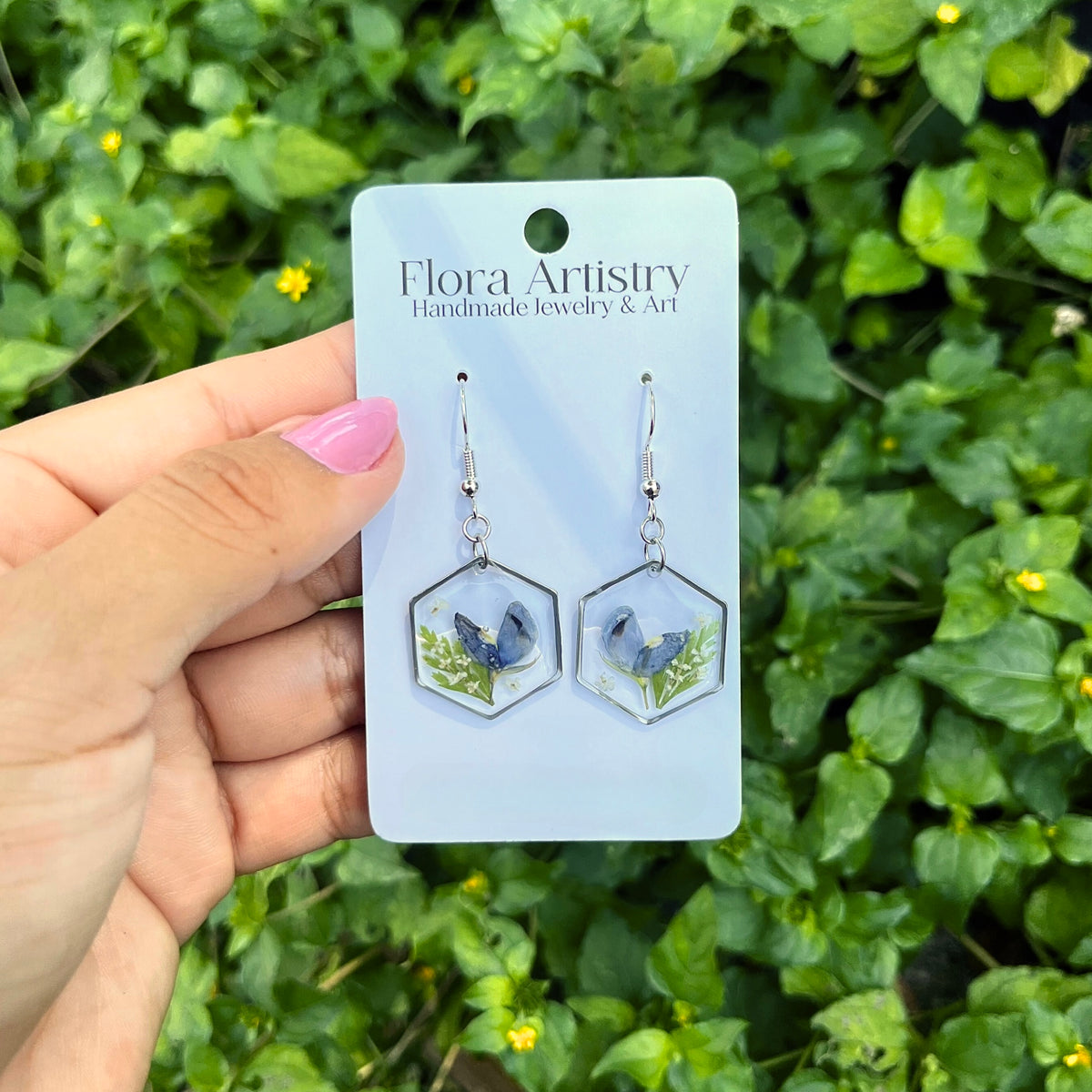 Blue Bonnet Texas Flower Botanical Hexagon Dangle Earring