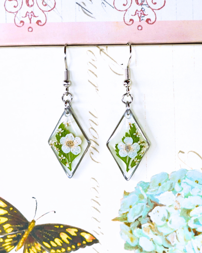 White Flower Fern Diamond Dangle Earring