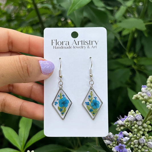 Blue Flower Botanical Diamond Dangle Earring