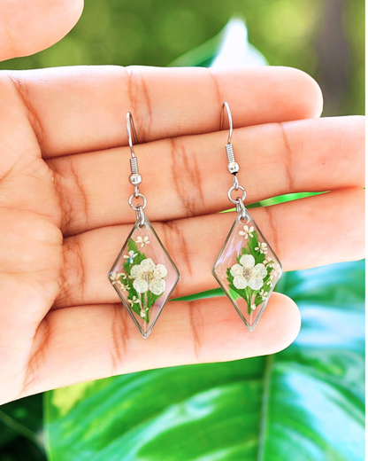 White Flower Fern Diamond Dangle Earring