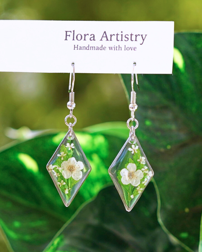 White Flower Fern Diamond Dangle Earring