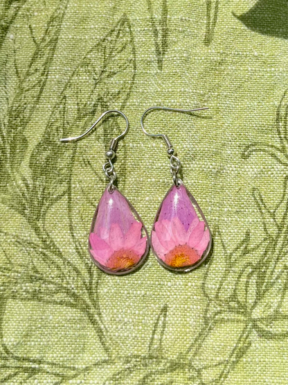 Pink Zennia Wildflower Teardrop Earrings