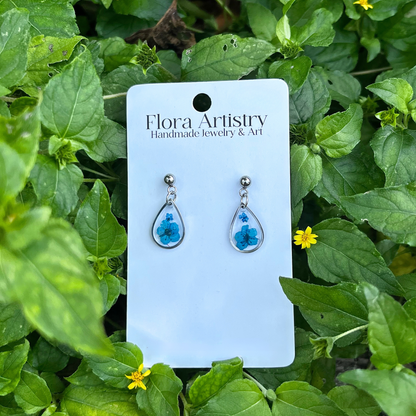 Teeny Teardrop Blue Flower Stud Earrings