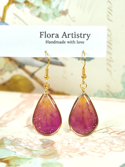 Gold Crecent Garden Rose Petal Teardrop Earrings