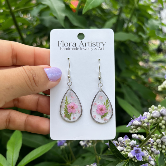 Pink Blush Botanical Flower Teardrop Dangle Earring