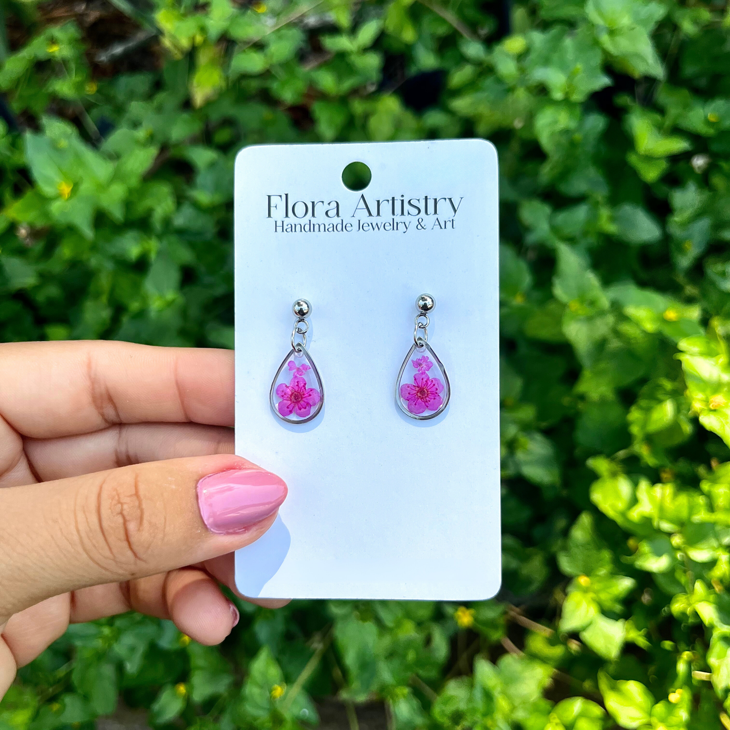 Teeny Teardrop Hot Pink Flower Stud Earrings