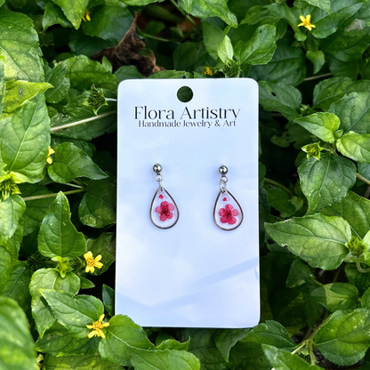 Teeny Teardrop Red Flower Stud Earrings