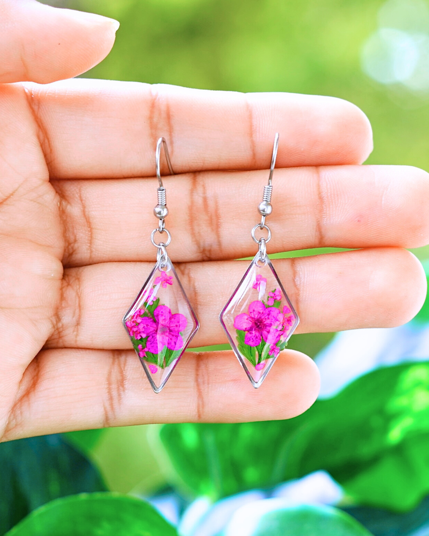 Hot Pink Flower Fern Diamond Dangle Earring