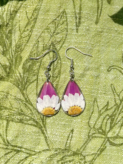 White Daisy & Purple Zennia Wildflower Teardrop Earrings
