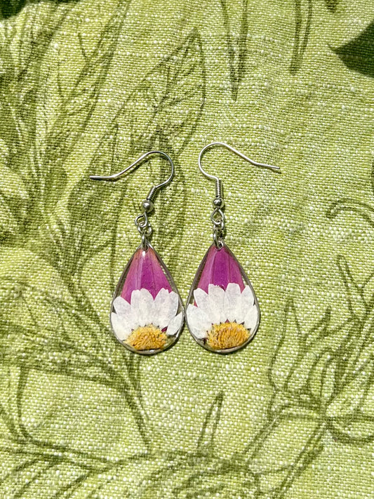 White Daisy & Purple Zennia Wildflower Teardrop Earrings