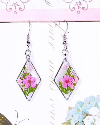 Pink Flower Fern Diamond Dangle Earring