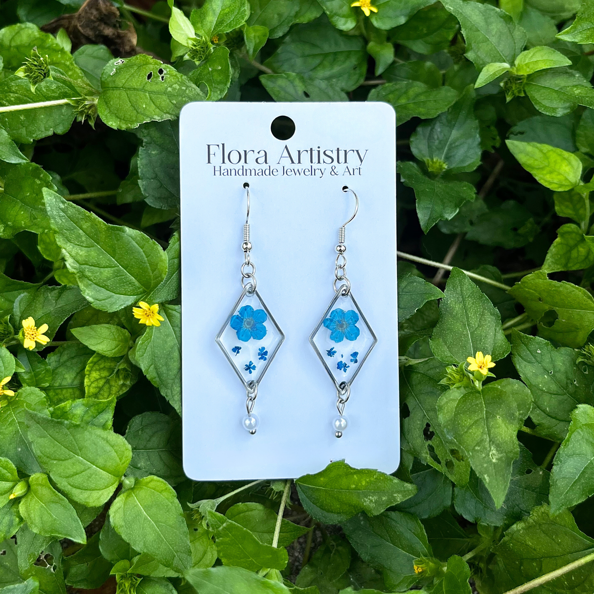 Blue Flower Diamond Dangle Pearl Earrings