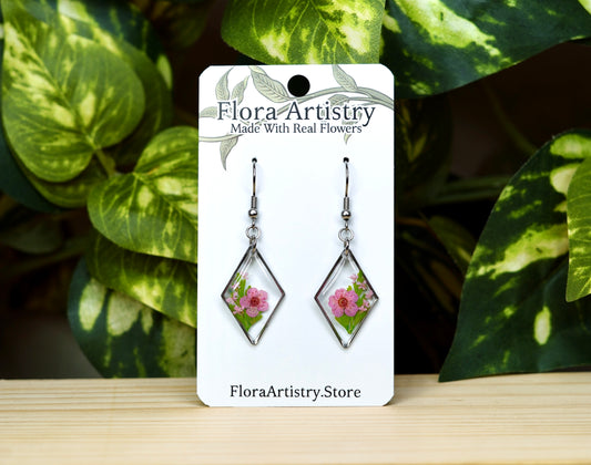 Pink Flower Botanical Diamond Dangle Earring