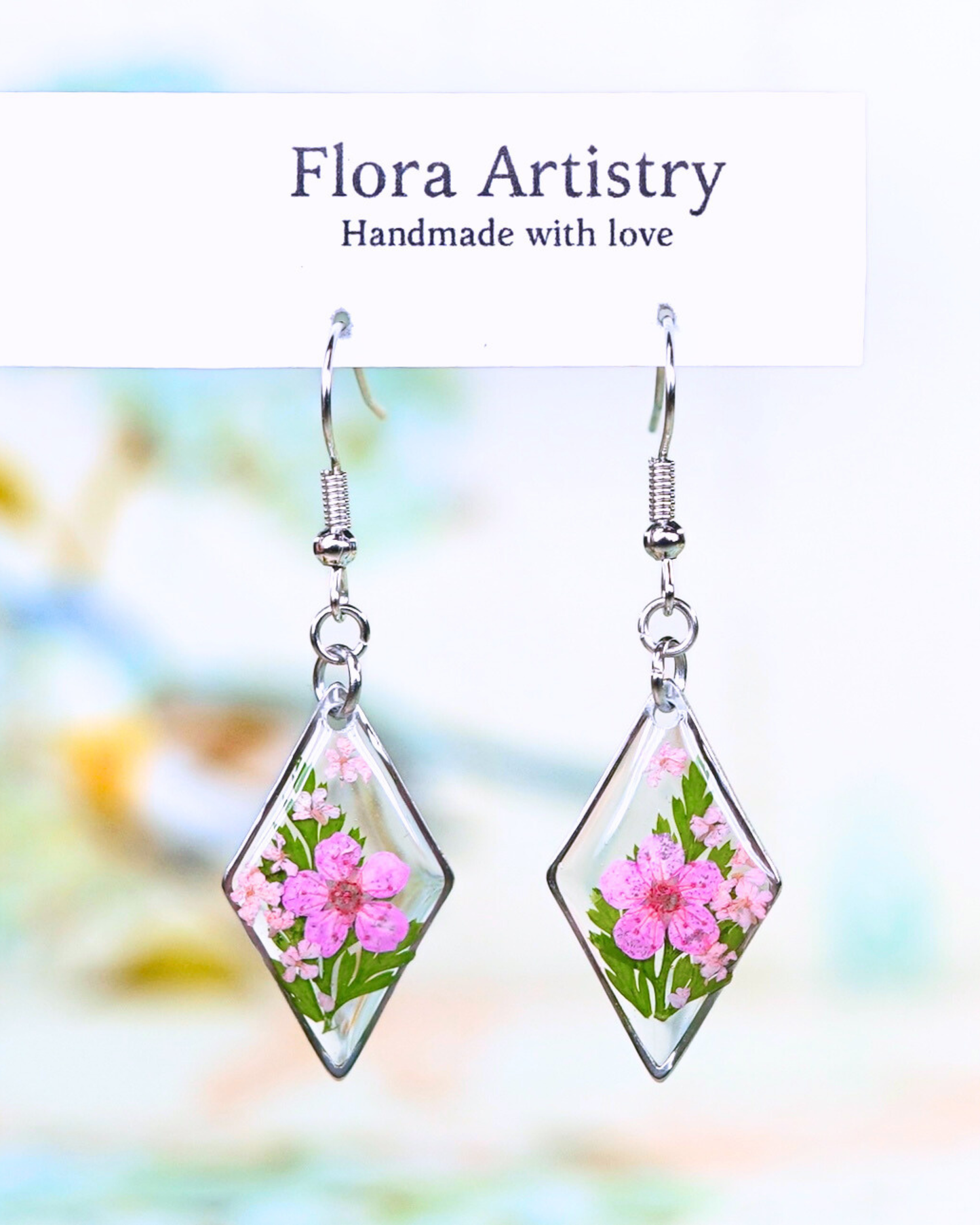 Pink Flower Fern Diamond Dangle Earring