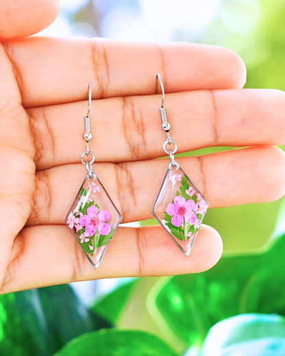 Pink Flower Fern Diamond Dangle Earring