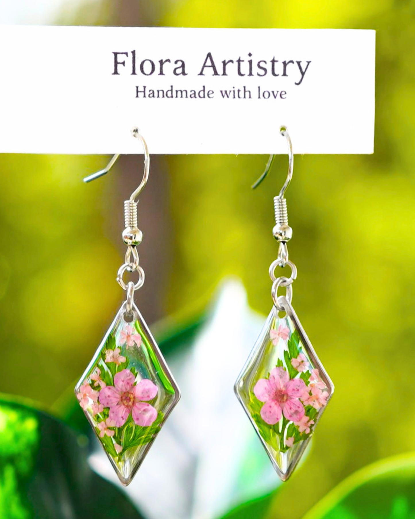 Pink Flower Fern Diamond Dangle Earring