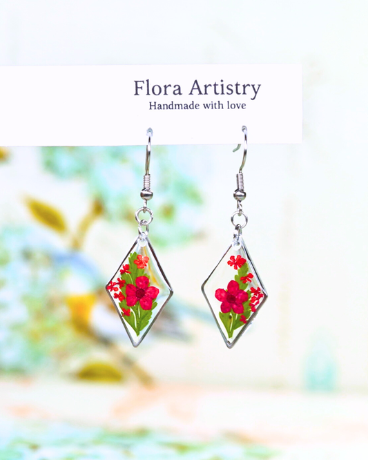 Red Flower Fern Diamond Dangle Earring