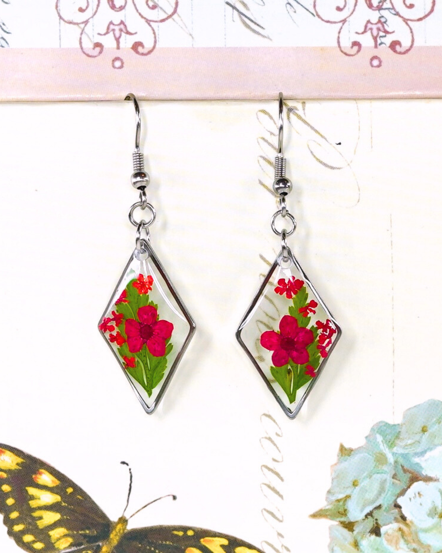 Red Flower Fern Diamond Dangle Earring
