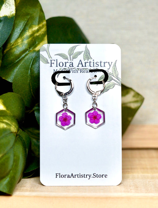 Hot Pink Pressed Flower Huggie Hoops Earring