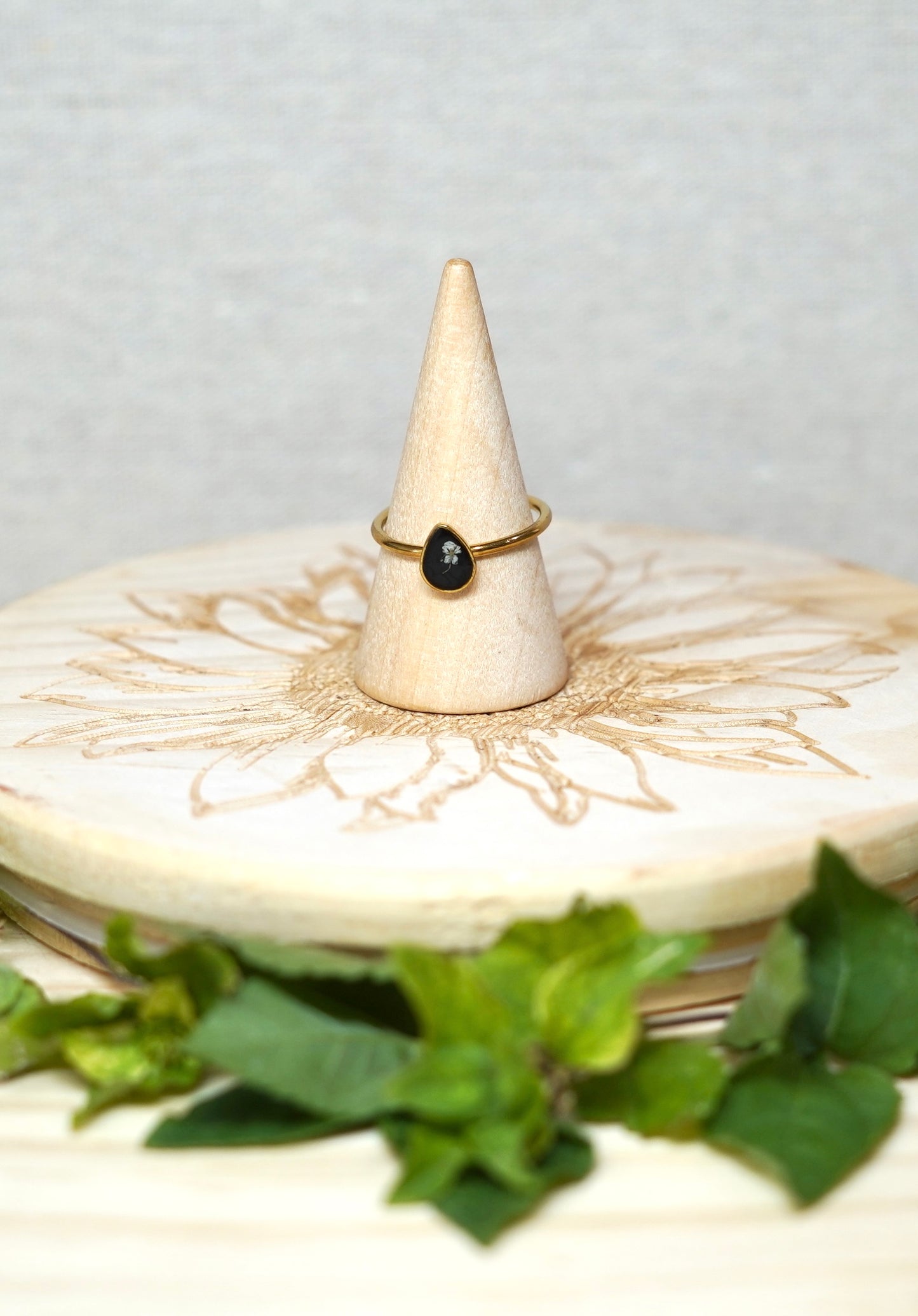 White Real Pressed Flower Dainty Teardrop Ring