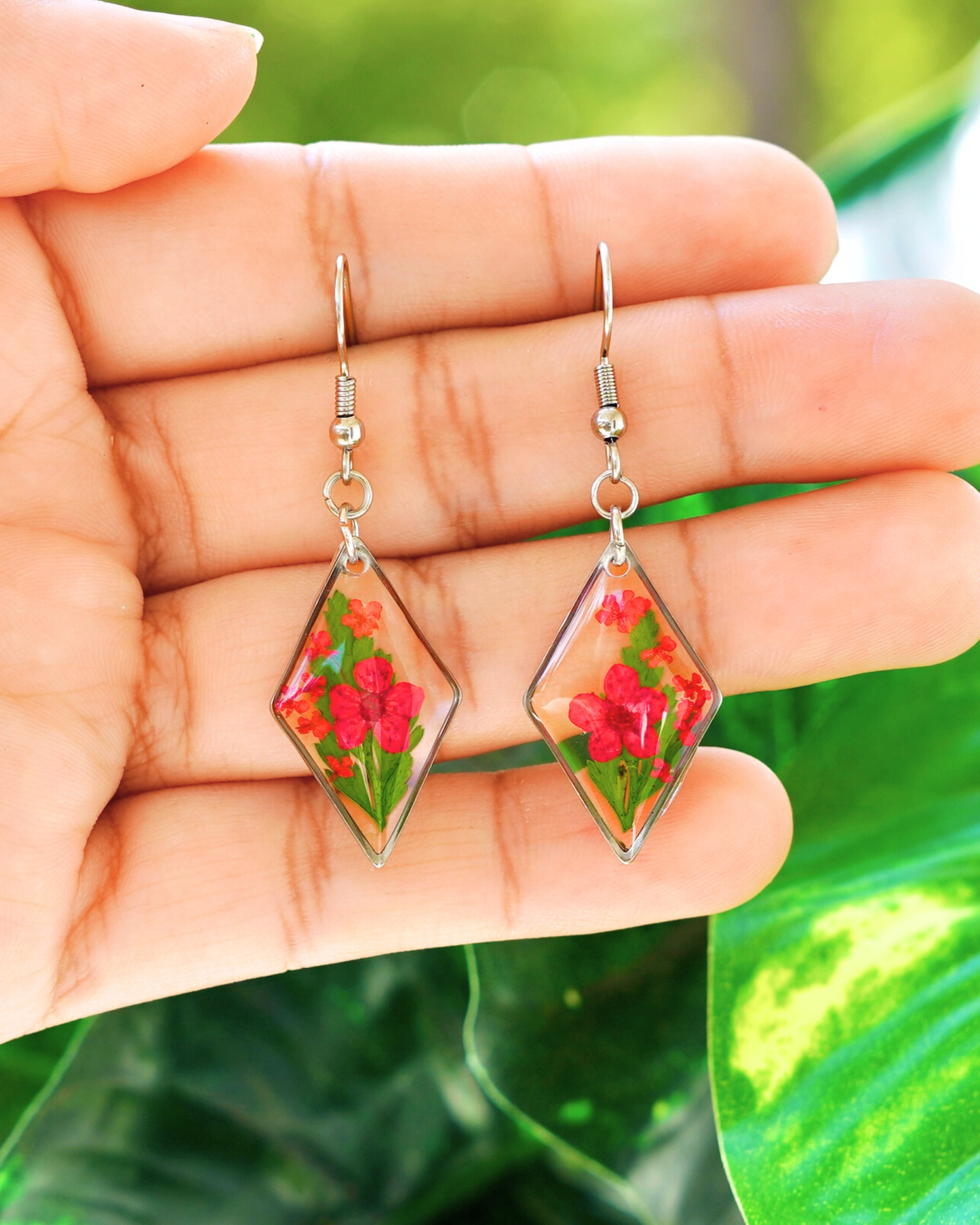 Red Flower Fern Diamond Dangle Earring