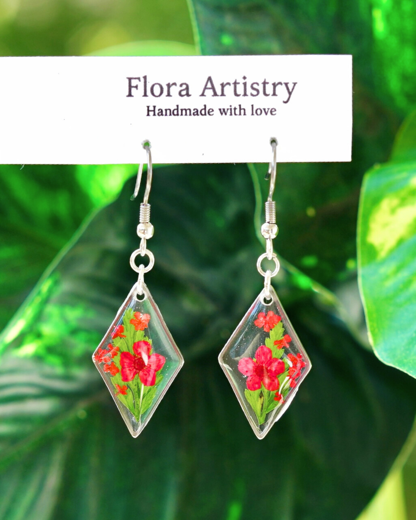 Red Flower Fern Diamond Dangle Earring