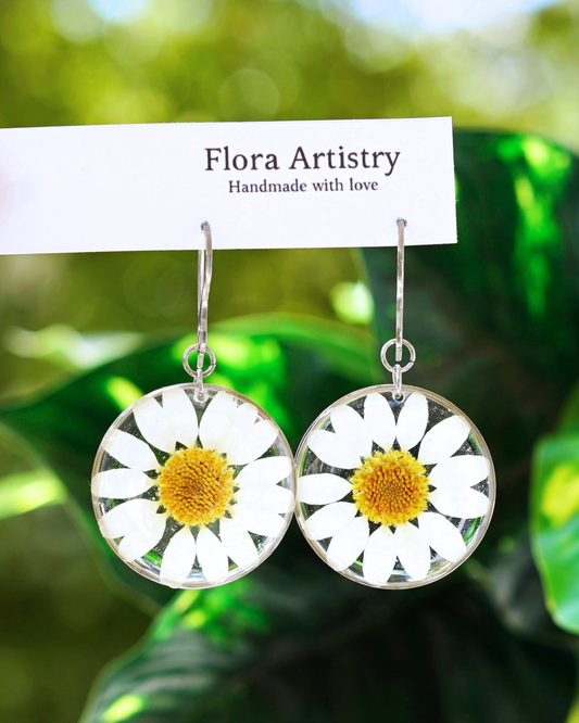 White Daisy Flower Dangle Earrings