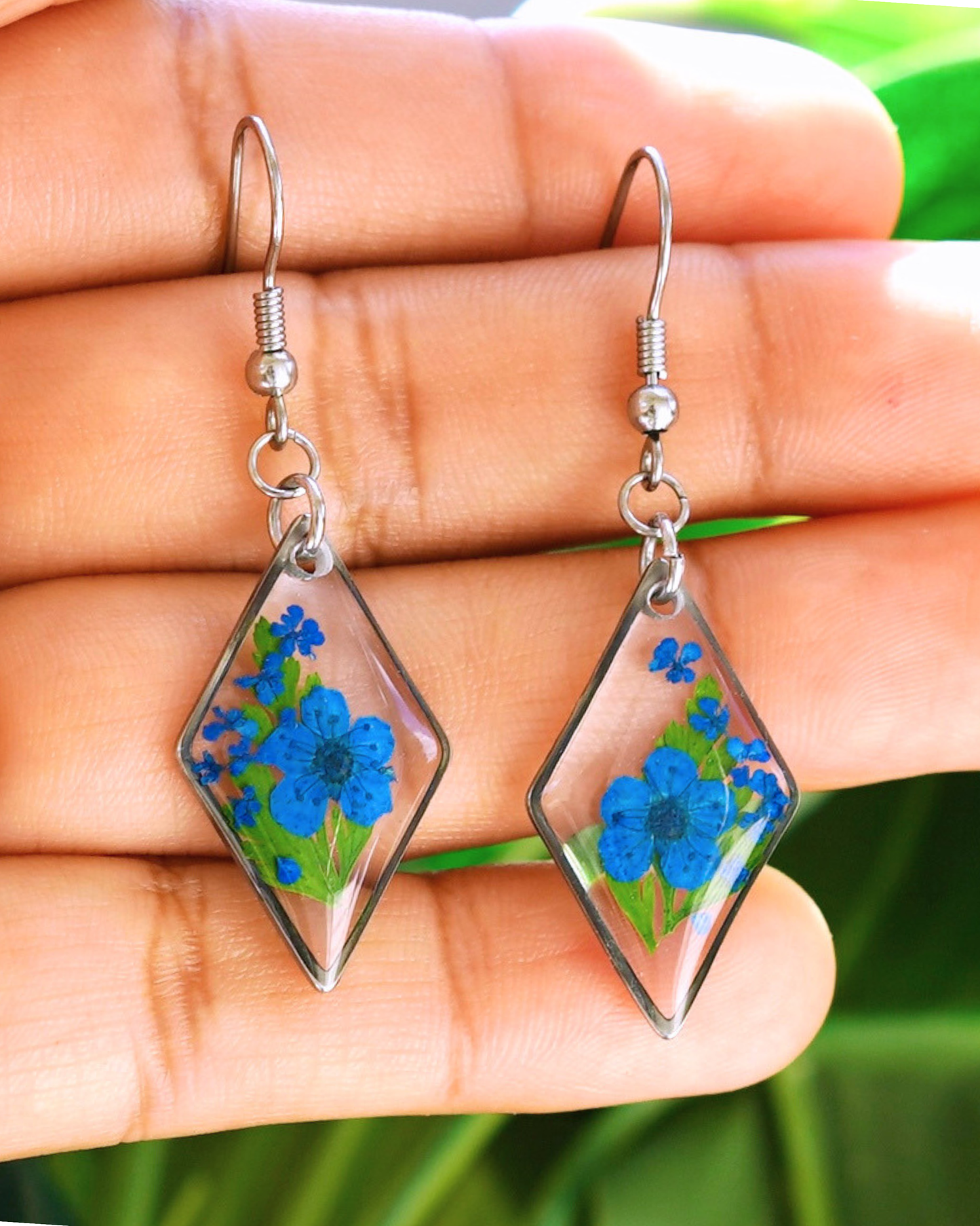 Blue Flower Fern Diamond Dangle Earring