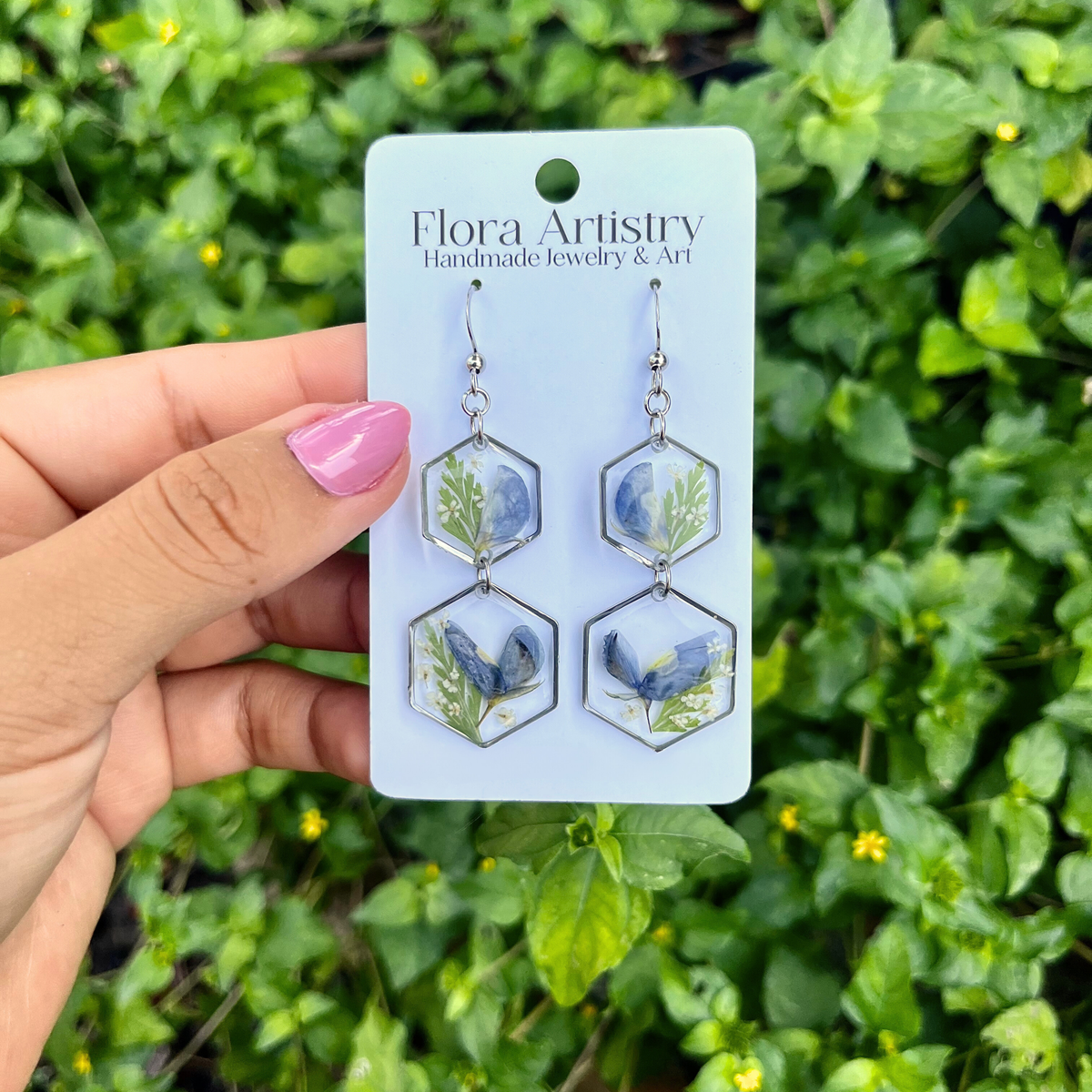 Blue Bonnet Texas Flower Hexagon Stacked Dangle Earring