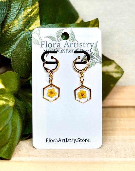 Yellow Pressed Flower Huggie Hoops Earring