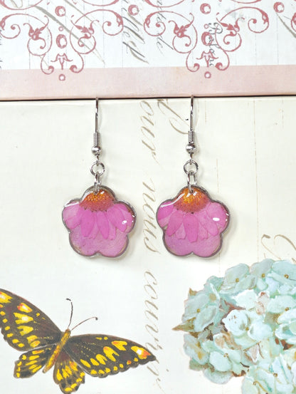 Pink Zennia Wildflower Heart Earrings