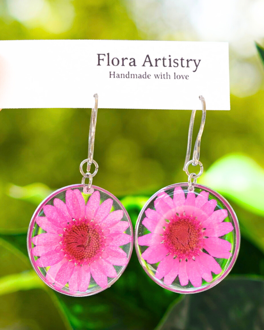 Hot Pink Daisy Flower Circle Dangle Earrings