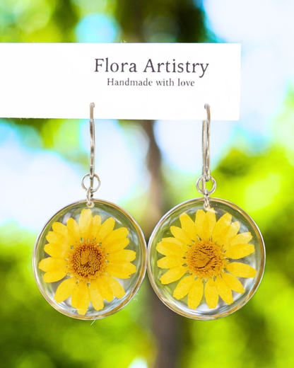Yellow Daisy Flower Gold Dangle Earrings