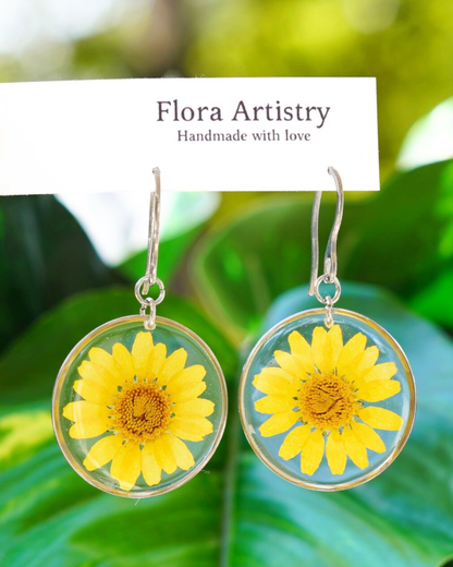 Yellow Daisy Flower Gold Dangle Earrings