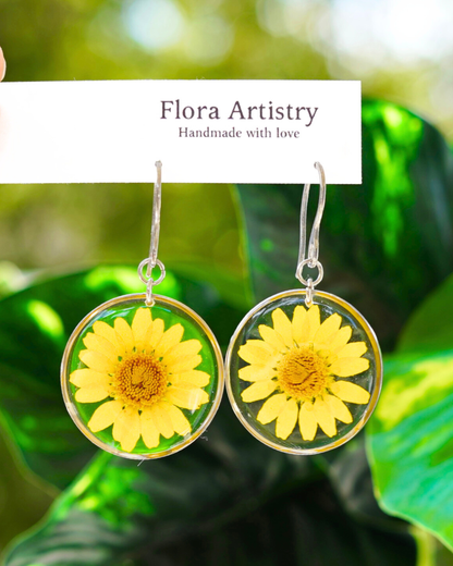 Yellow Daisy Flower Gold Dangle Earrings