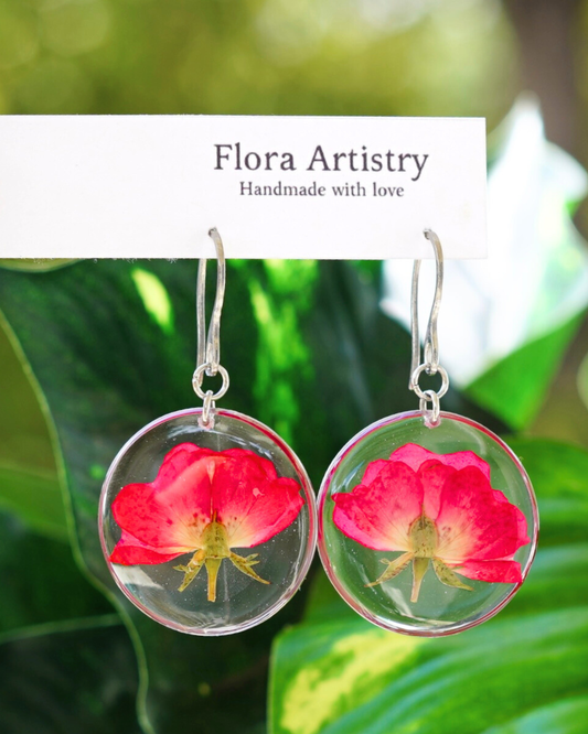 Red Rose Flower Circle Dangle Earrings
