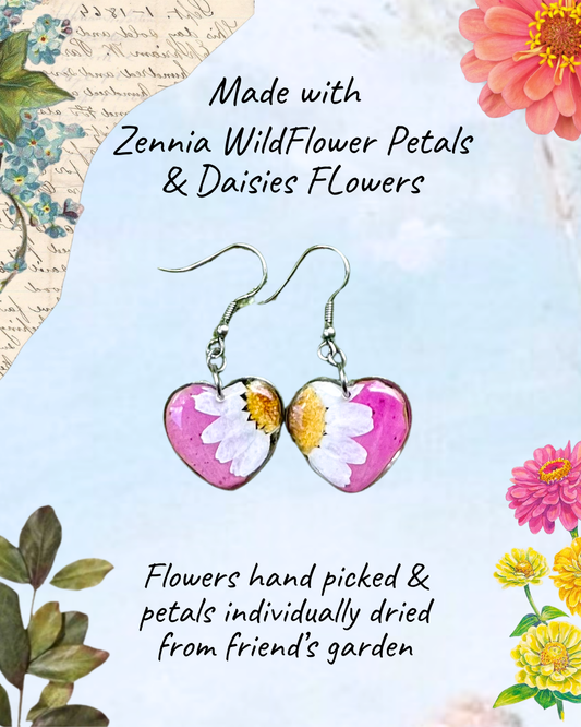Pink Zennia Wildflower Heart Earrings