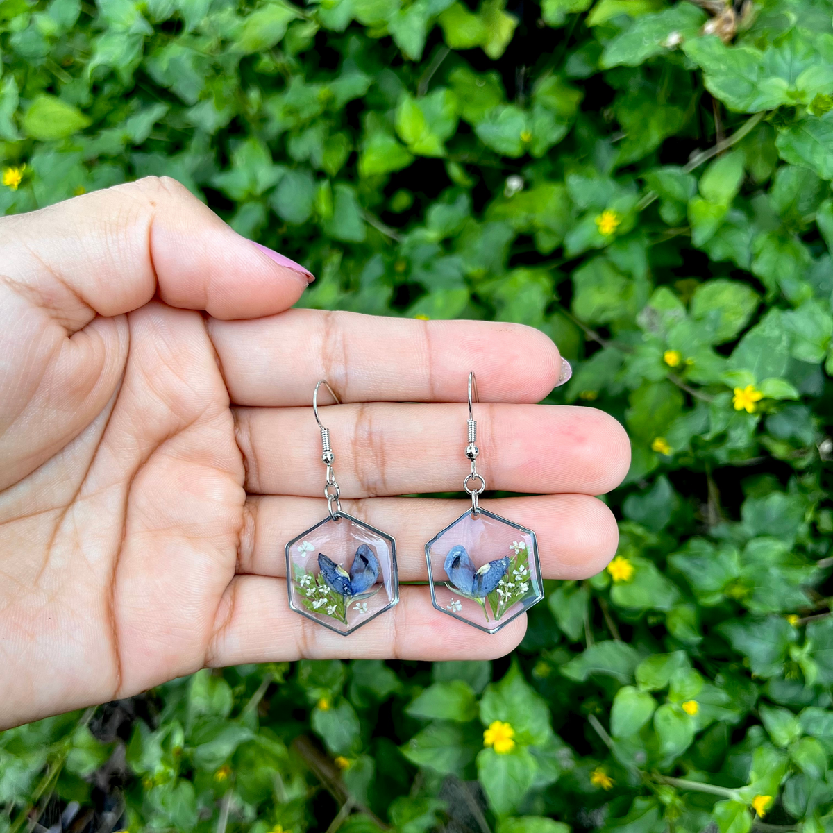 Blue Bonnet Texas Flower Botanical Hexagon Dangle Earring