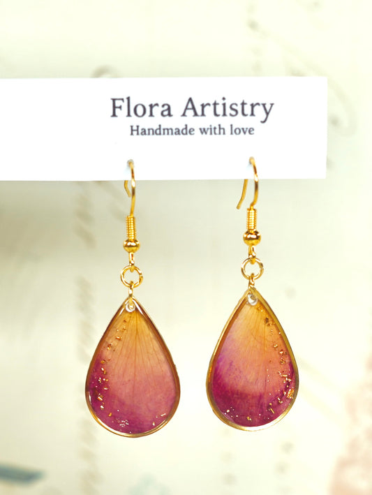 Gold Crecent Garden Rose Petal Teardrop Earrings