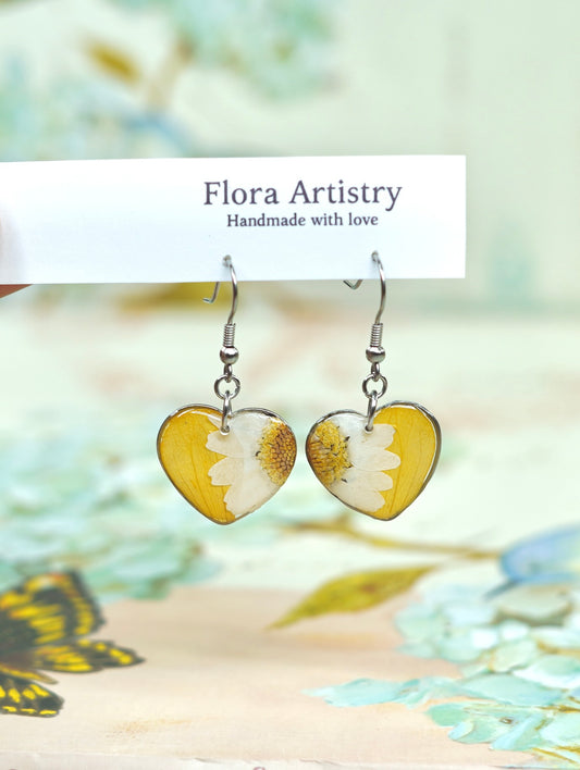Yellow Zennia Wildflower Heart Earrings