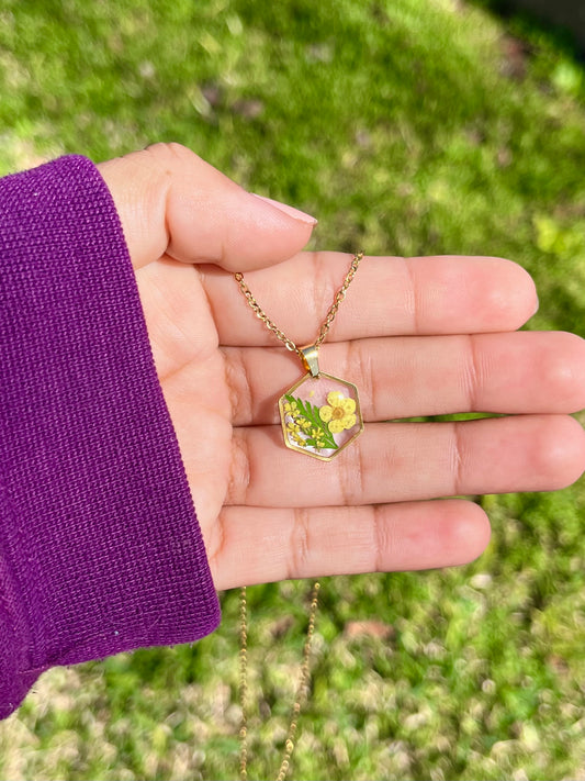 Botanical Yellow Flower & Fern Hexagon Necklace