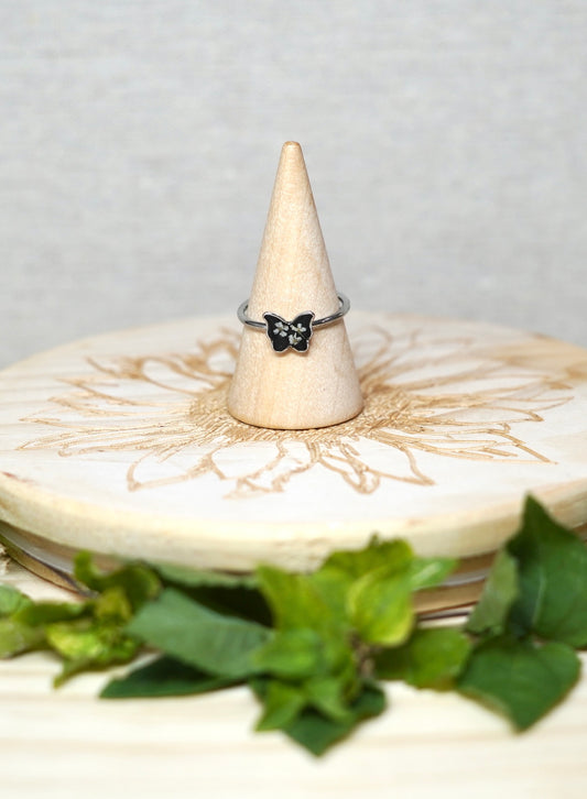 White Real Pressed Flower In Resin Butterfly Ring