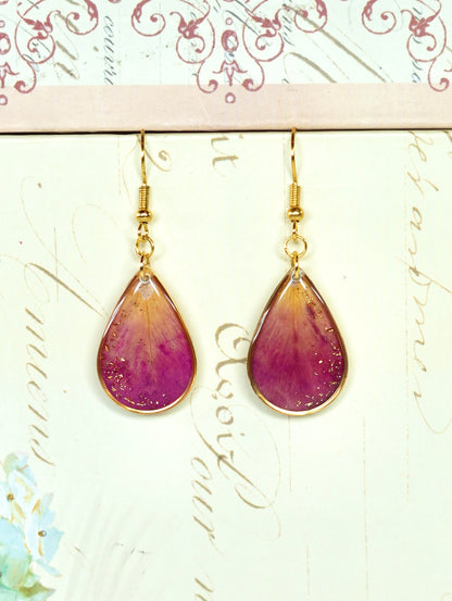 Gold Crecent Garden Rose Petal Teardrop Earrings