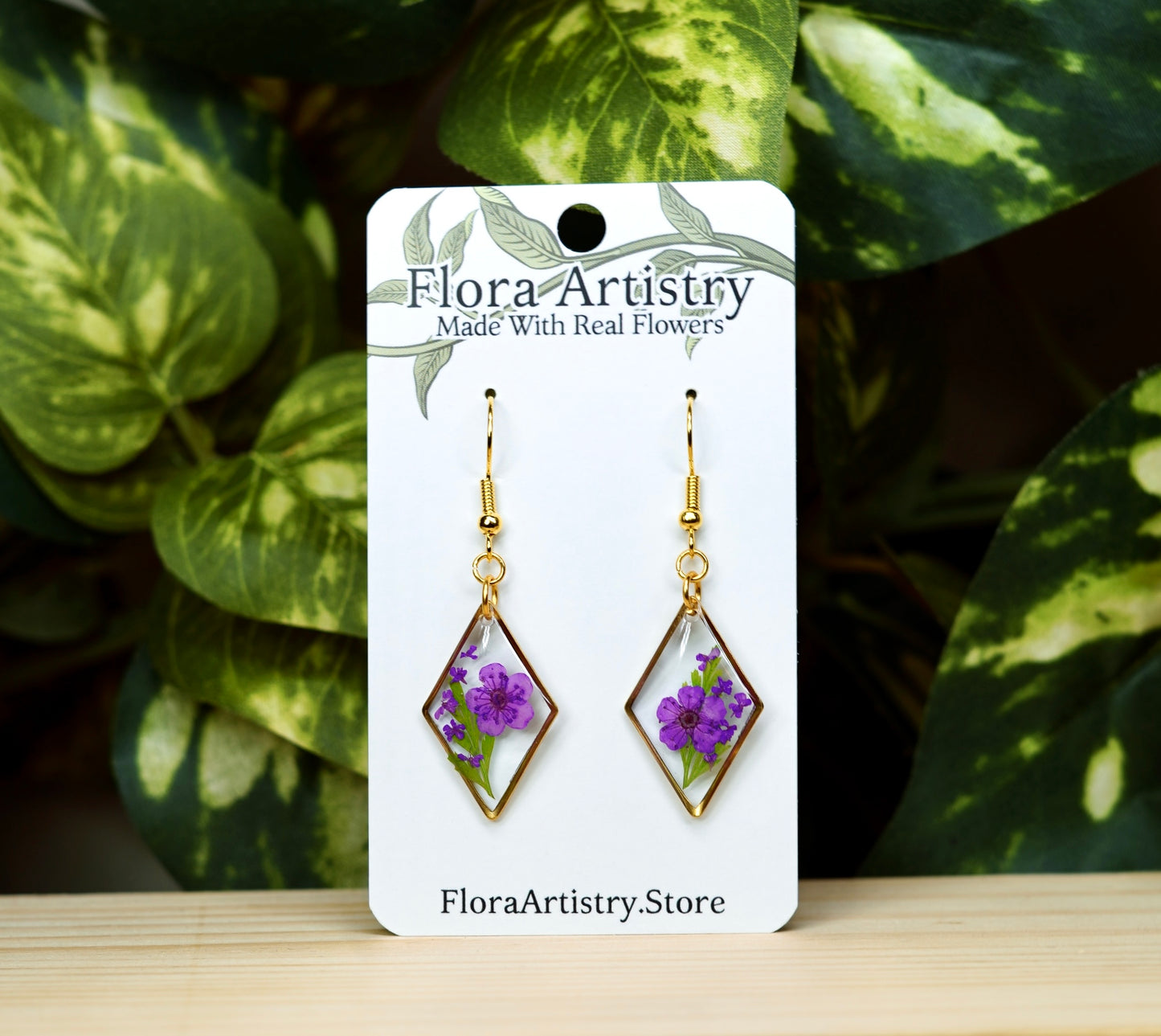 Purple Flower Botanical Diamond Dangle Earring